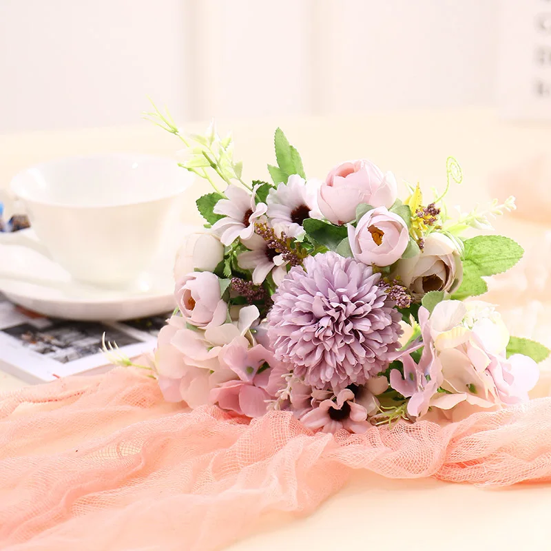 tea roses Silk Peony Artificial Flowers Bouquet Gerbera Daisy Cheap flores Fake Flowers for Home room party Wedding Decoration
