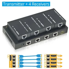 Aikexin 4 Ports HDMI Extender 60m,1X4 HDMI Splitter Extender Over CAT5e/CAT6/CAT7 Ethernet Cable Up to196ft (1 TX+4 RX)