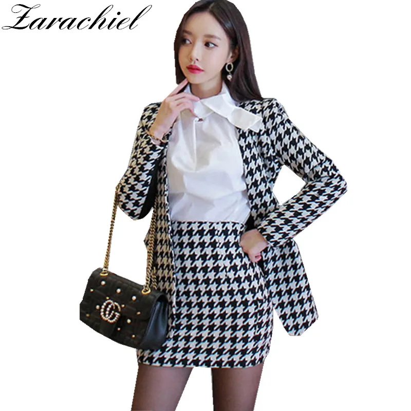 

2019 Winter Plaid Patchwork Wool Suit Women V Neck Tweed Blazer Jacket + Bodycon Mini Pencil Skirt Suit Work Casual 2 Piece Set