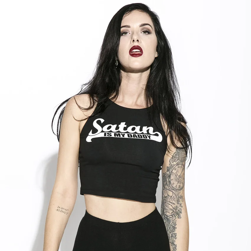 Футболка Hoosier Daddy с надписью «Satan IS MY», женский сексуальный укороченный топ, футболки, повседневная черная футболка, женские топы без рукавов, короткая летняя футболка