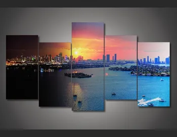 

2017 5 Pcs Wall Painting Sea Port City Night scenery Canvas Print Painting Home Decor Wall Art Picture Unframed Drop Shipping
