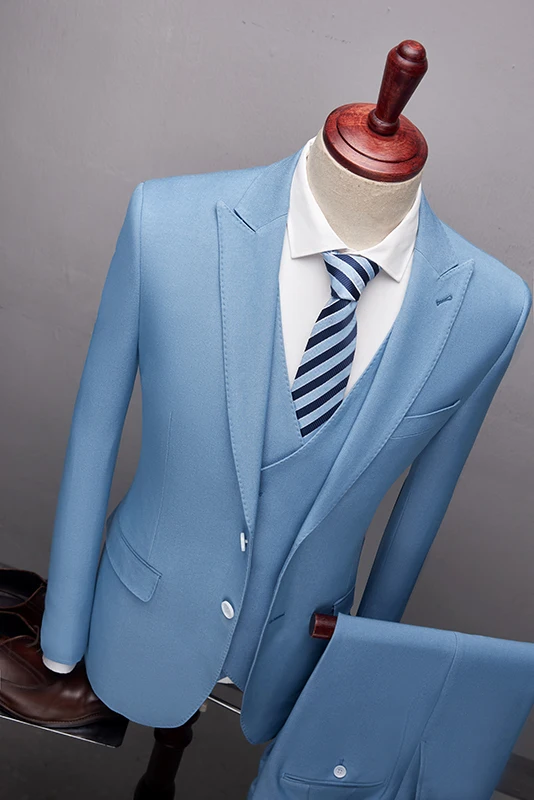 2020 Fashion New High quality Mens Light blue Royal suits Formal 3 Pieces Wedding Groom Tuxedos Prom Slim Fit Peak lapel Suits 2020 Fashion New High quality Mens Light blue Royal suits Formal 3 Pieces Wedding Groom Tuxedos Prom Slim Fit Peak lapel Suits