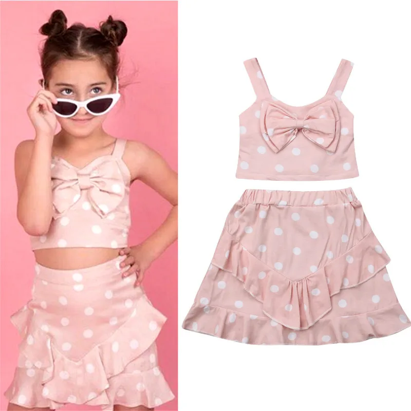

2019 Casual Kids Dresses Baby Girl Summer Clothes Set Polka Dot Vest +Ruffle Skirt 2Pcs Toddler Baby Girl Clothing 0-5Y