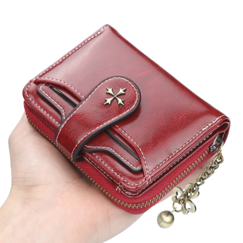 

women's retro wax leather short wallets ladies' designer fashion coin purse money bag card holder chain tassel zipper wallet