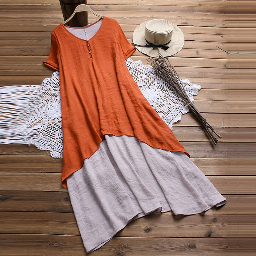 

Summer Dress vestidos Women Casual Button V Neck Double Layer Long Dress Loose Cotton Linen Dresses orange dress for women