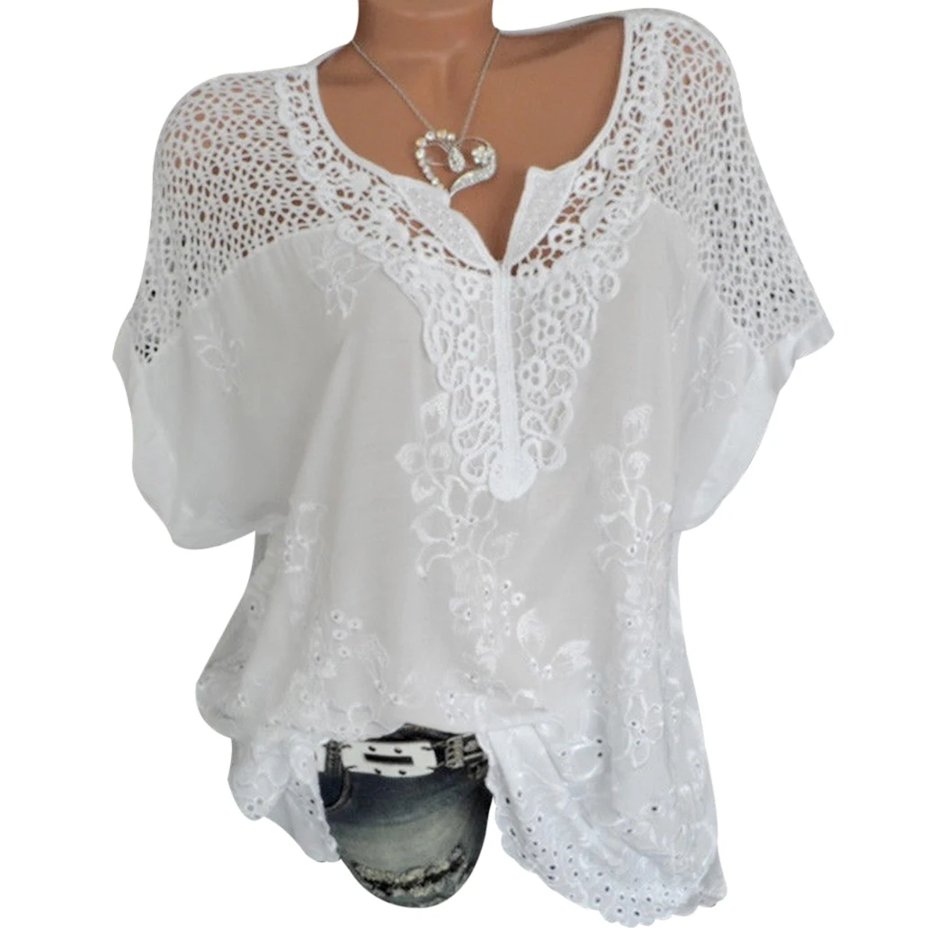 Plus Size Black Hollow Out V-neck Crochet Lace Blouses