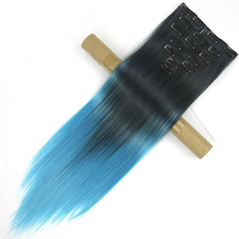 

Soowee 7pcs/set Synthetic Cosplay Party Hair Straight Black To Blue Ombre Color Clip In Hair Extension Cheveux