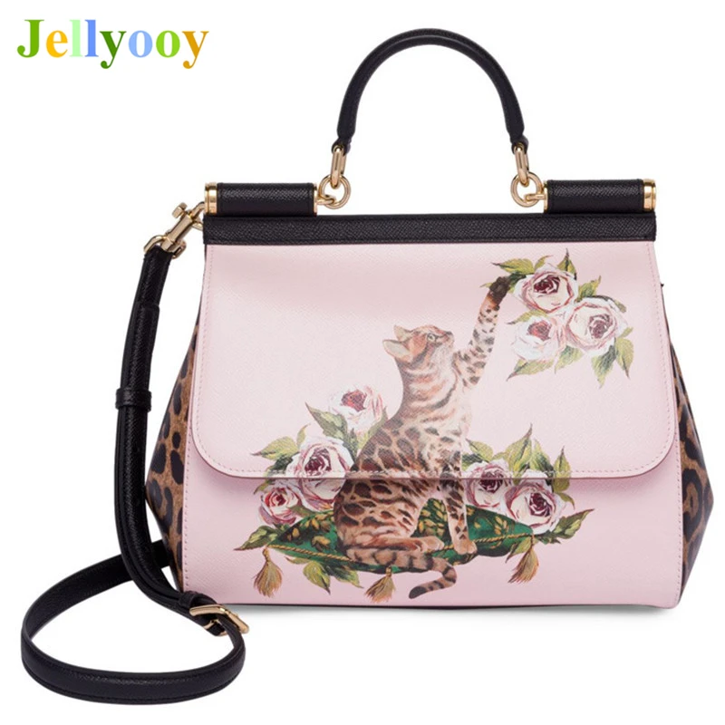 

Italy Sicily Cat and Rose Pattern Painted Printed Handbags Genuine Leather Totes Women Retro Shoulder Meesenger Crossbody Bags