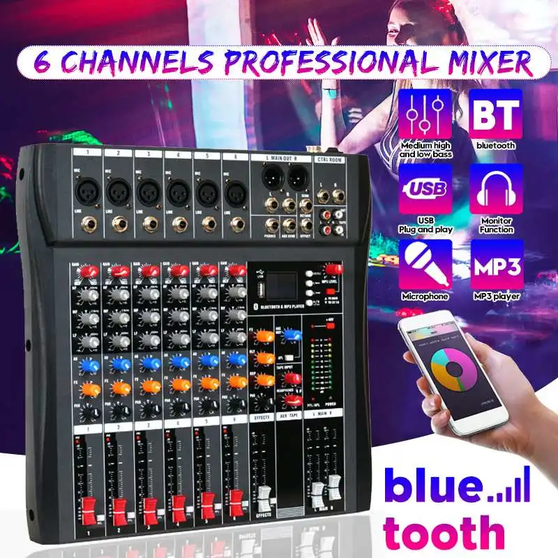 Профессиональный 6 канал USB Студия аудио bluetooth DJ микшерный пульт усилитель смесителя караоке цифровой мини-микрофон DJ микшер