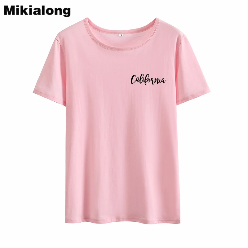 

Mikialong California Letter Pocket Printed T Shirt Women 2018 Summer Cotton Tee Shirt Femme Black White Women Tshirt Tops