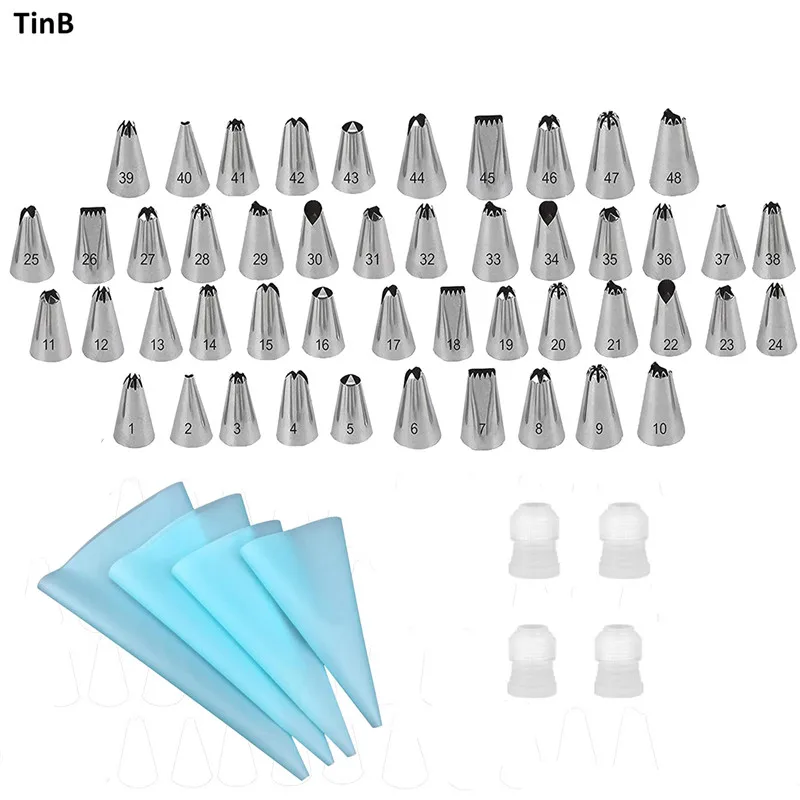 

56pc/Set 4size Silicone Pastry Bag+48x Pastry Nozzles+4x Converter Nozzle For Confectionery Bag For Cream Piping Tips Spuitzak