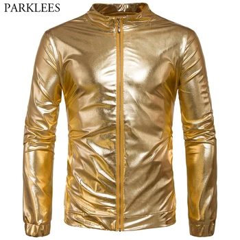 

Mens Metallic Nightclub Styles Zip Up Varsity Baseball Bomber Jacket 2019 Hip Hop Gold Sliver Shiny Jacket Men Tin Man Costume