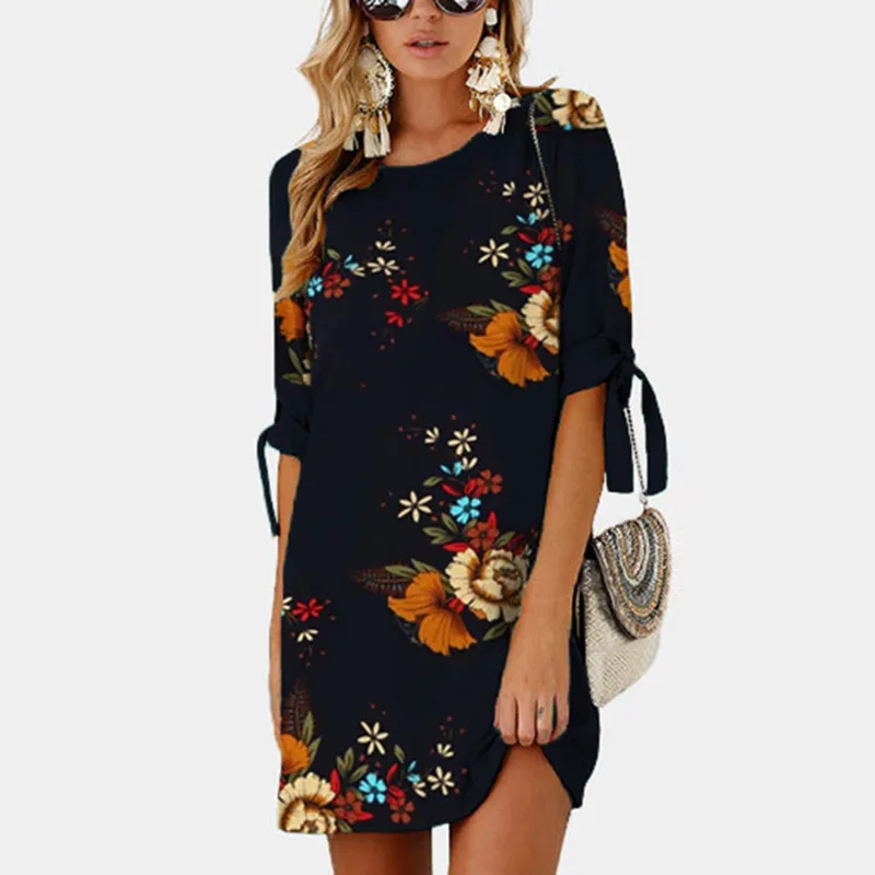 Летнее женское шифоновое платье, Повседневное платье с бантом, рукав до локтя, цветочный принт, мини-туника, сексуальное пляжное платье 5XL, мини Vestidos размера плюс - Цвет: ONY0883