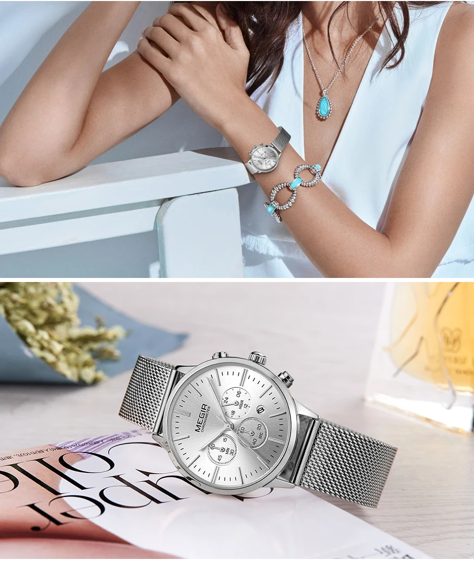 MEGIR Роскошные Брендовые женские кварцевые часы, женские модные повседневные наручные часы, женские многофункциональные водонепроницаемые часы, Relogio Feminino