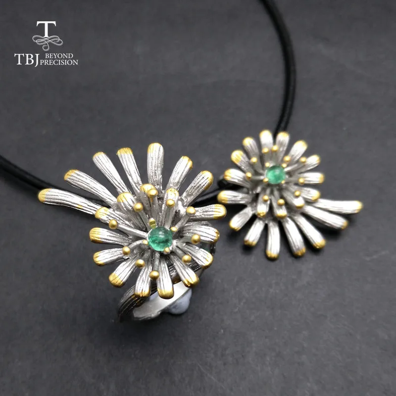 

TBJ, "eyes catching" excellent Flower design jewelry set with natural emerald pendant ring in 925 sterling silver for women wife