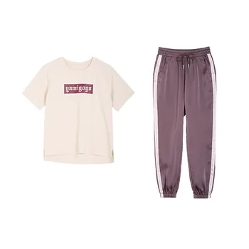 

Rlyaeiz Fashion 2 Piece Set Women Sporting Suits 2019 Summer Sweat Suit Letter Printed T shirts + Striped Pants Woman Tracksuit