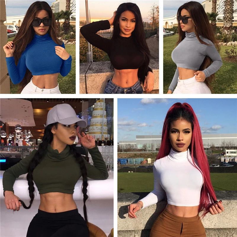 

IANLAN Womens Based Navel Tops Sports Long Sleeve T-shirts Girls Turtleneck Fitness Apparel IL00483