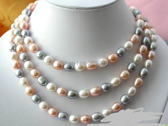 

huij 002617 NATURAL 50" 12MM RICE WHITE GRAY PINK FRESHWATER PEARL NECKLACE
