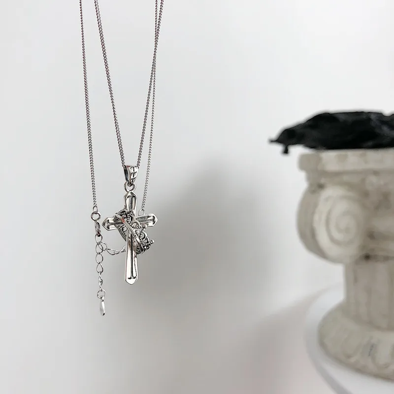 

Sterling 925 silver crown cross necklace silver handmade DIY vintage do old cross crown pendant necklace for women jewelry cross
