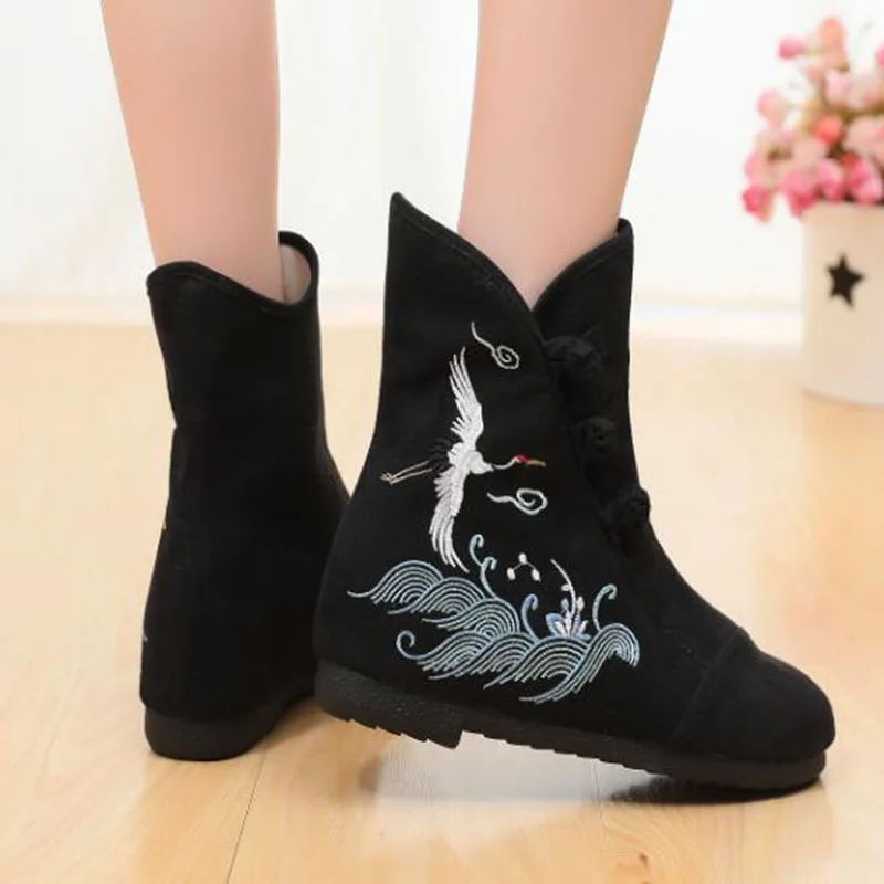 THEAGRANT Winter Embroidered Women Snow Boots Canvas Hidden Wedge Woman Shoes Chinese Button Lady Ankle Boots WBS3006