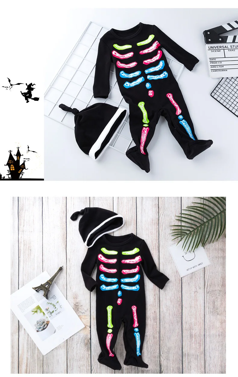 Детский костюм на Хэллоуин; Детский комбинезон с принтом скелета; кружевное платье; повязка на голову; комплекты из 2 предметов; праздничная одежда для маленьких мальчиков и девочек