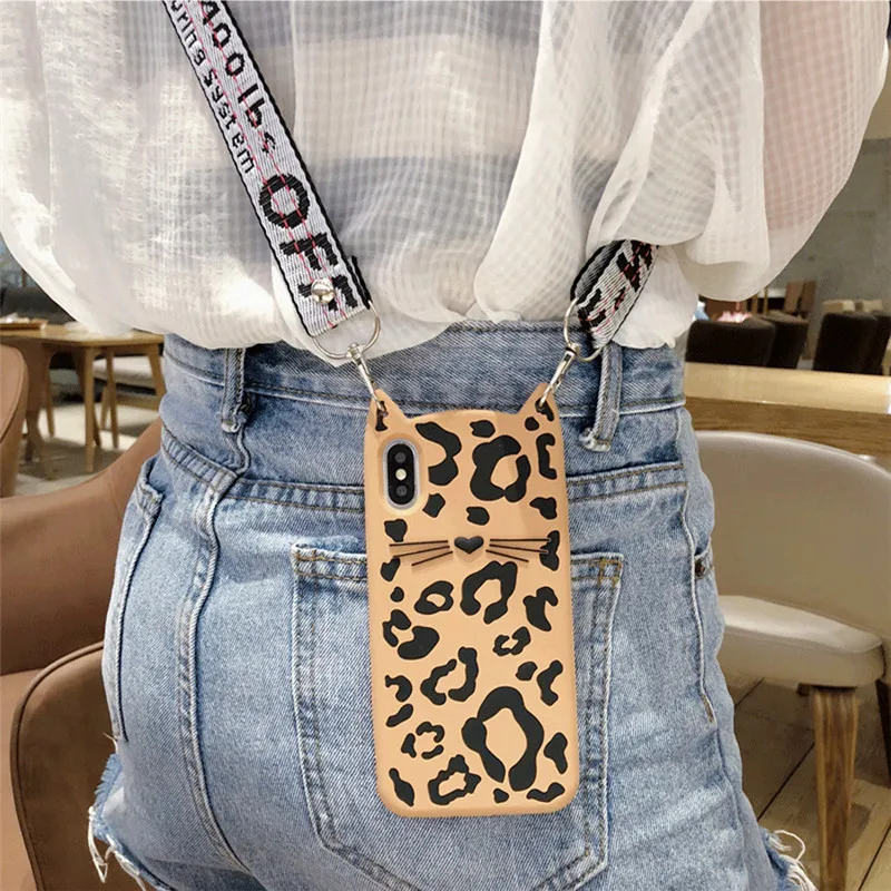 

fashion 3d Leopard beard cat with shoulder strap soft silicon shell For iphone XS MAX X XR 6 6S plus 8 7 plus 5 SE 5S case cover
