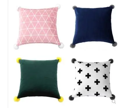 

lovely wool balls cushion cover simple modern plaid pillow cover backrest grid pillowcase square lumbar pillow case home decor