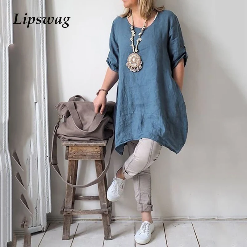 Платье рубашка Lipswag 5XL женское с круглым вырезом повседневное свободное платье из