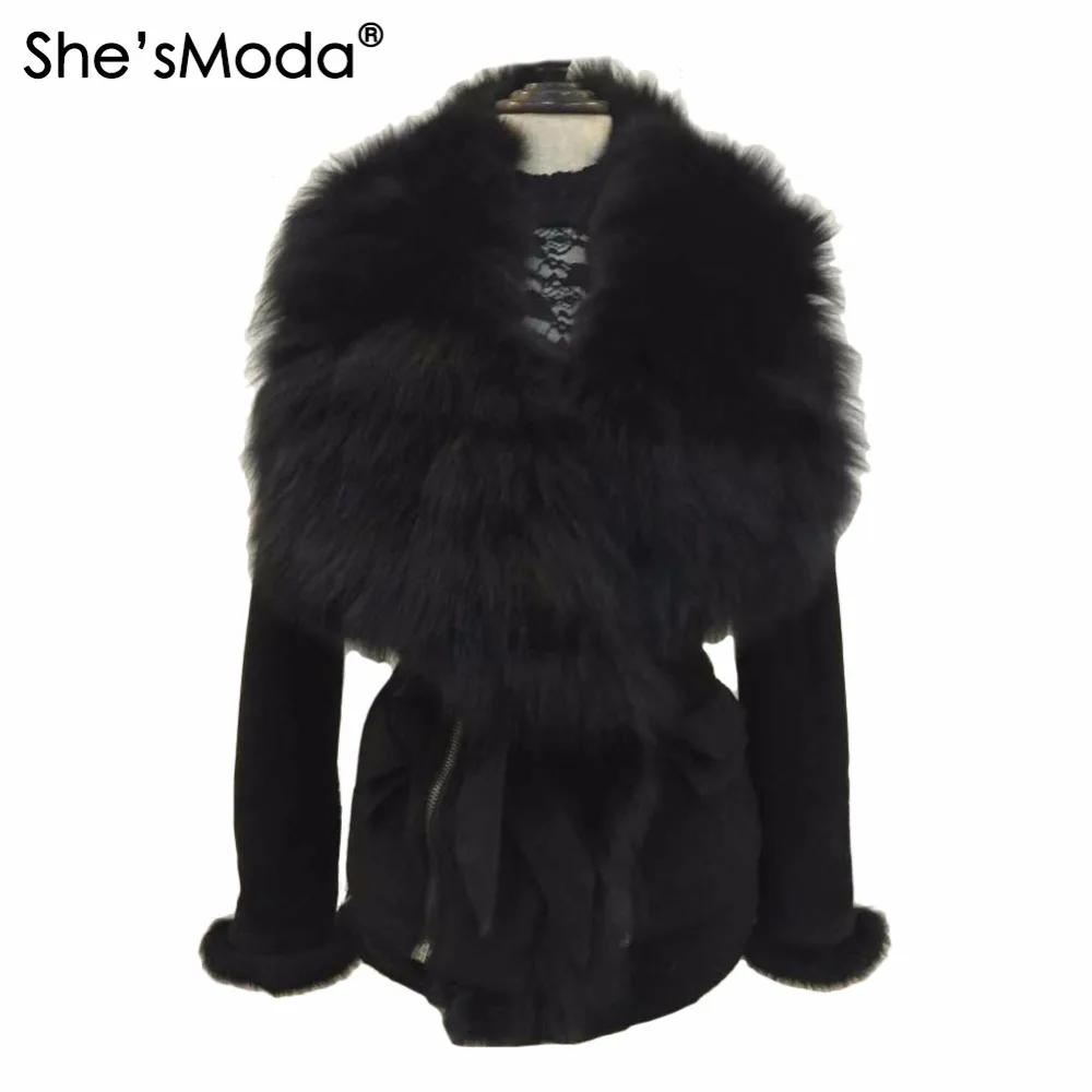 She'sModa роскошный замшевый натуральный Лисий меховой воротник пояса тонкий женский зимний панк пальто куртка