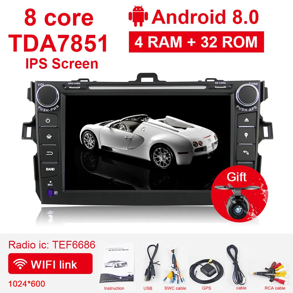 Eunavi 2 din Android 9,1 TDA7851 автомобильный dvd мультимедиа для Toyota Corolla 2007 2008 2009 2010 2011 gps стерео радио ПК сенсорный экран - Цвет: 4G 32G PX5