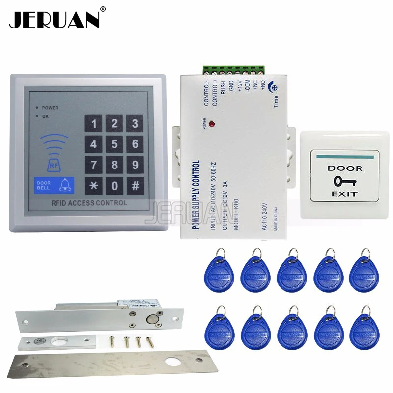 

JERUAN FREE SHIPPING Brand NEW RFID Door Access Control System Set+Electronic Drop Bolt Door Lock+Rfid Keypad+Exit Button+Power