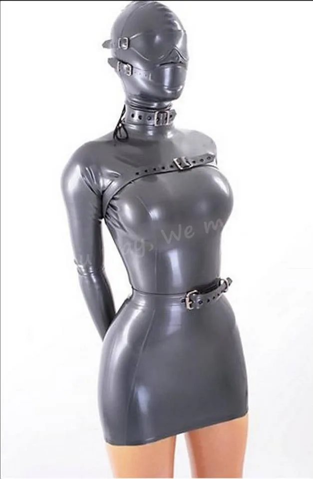 Latex Bondage Dress Rubber Bondage Attached Gloves Eye Shade Latex Belt 