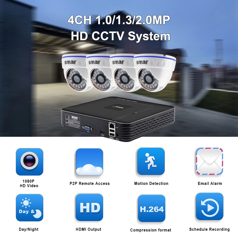 Smar 4CH NVR Kit CCTV Camera System 4PCS 1MP1.3MP2MP Indoor Dome IP Camera P2P Video Surveillance System HDMI Output Onvif (1)