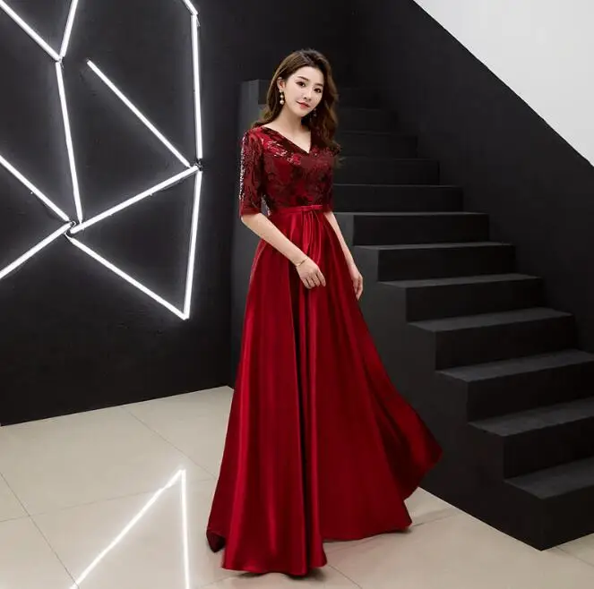 Burgundy U-SWEAR Новое поступление женское платье Красный для Bridemaide с v-образным вырезом половина кружева блестками А-силуэт сексуальное конфетно-розовое элегантное платье - Цвет: Burgundy