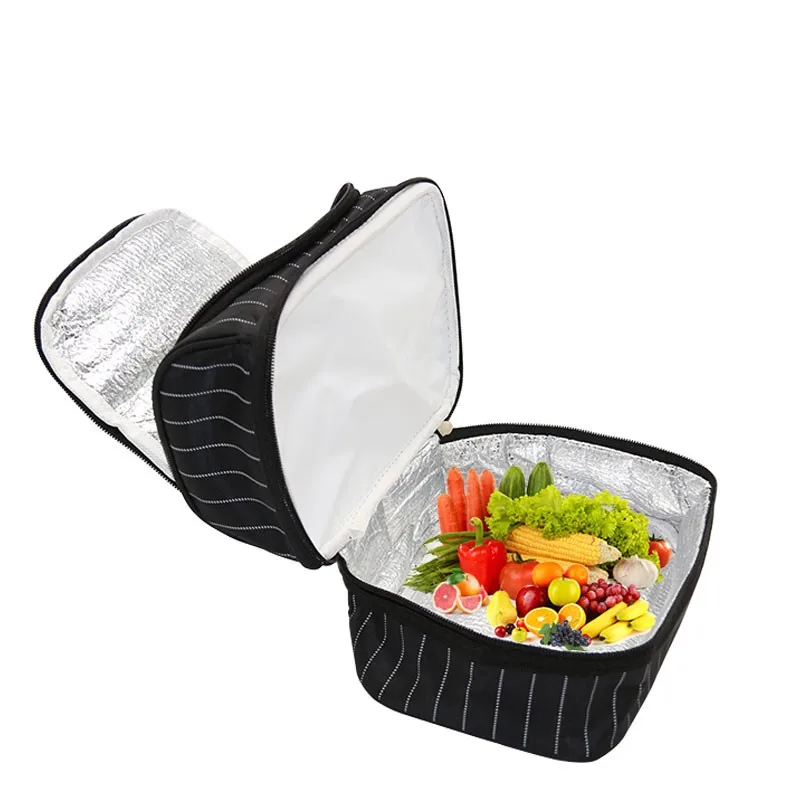 

Portable Storage Bag for Black Striped Double Layers Thermal Lunch Storage Bag Hand Carry Kitchen Organizer Picnic Camping