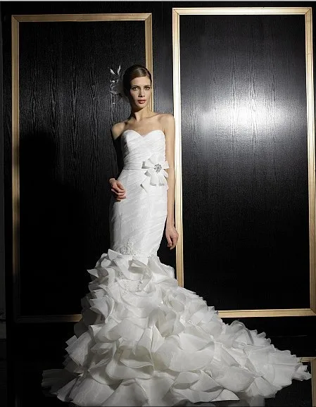 

Free shipping new design 2013 elegant plus size handmade organza sweetheat Mermaid lace wedding dresses bridal belt gowns