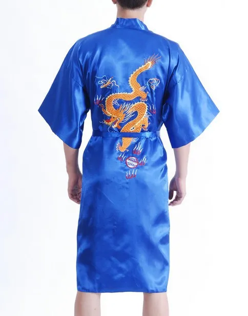 Новая мода синий мужской ночь атласная платье Китайская вышивка халат Дракон кимоно платье Размеры размеры s m l xl XXL, XXXL S0021