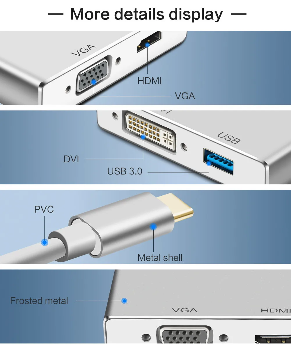4 в 1 USB C Тип-c VGA, DVI, HDMI кабель преобразователя Высокое качество USB адаптер для Macbook Tablet монитор ноутбука