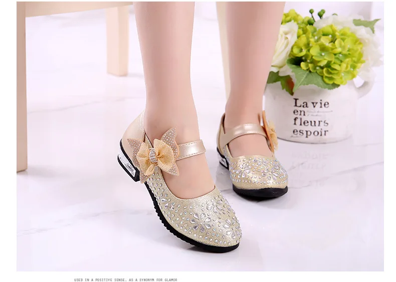 Sapatos de Princesa da Menina Sapatos de Couro das Crianças Sapatos para Crianças Sapatos de Festa Arco Ouro Prata Rosa Gancho & Laço Meninas Strass 2019 - 10 Cheap Sapatos de couro