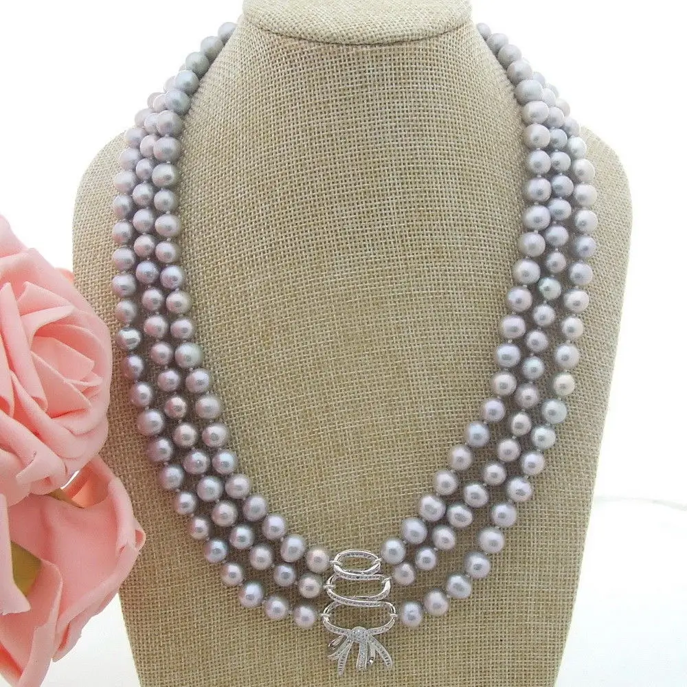 

H041308 20" 3 Strands Gray Pearl Necklace CZ Pave Pendant