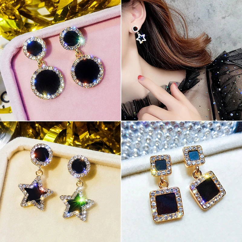 

New Listing Geometry Black Circle Square Star Drop Earrings For Women Girls Shining Bling Crystal Dangle Earring Jewelry L3E719