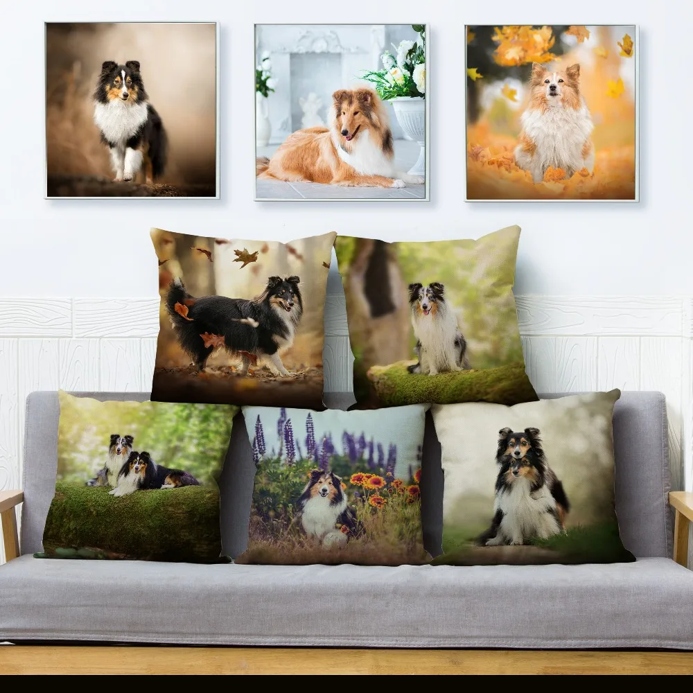 

Beige Linen Cushion Cover Cute Animal Sheepdog Dogs Print Pillow Covers 45*45cm Throw Pillows Cases Sofa Home Decor Pillowcase