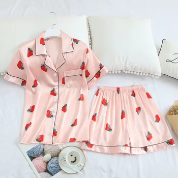 

Summer New 2pcs Short Sleeve&shorts Girl Pajamas Suit Home Wear Print Strawberry Sleepwear Sleep Set Sexy Nightwear Nightshirt