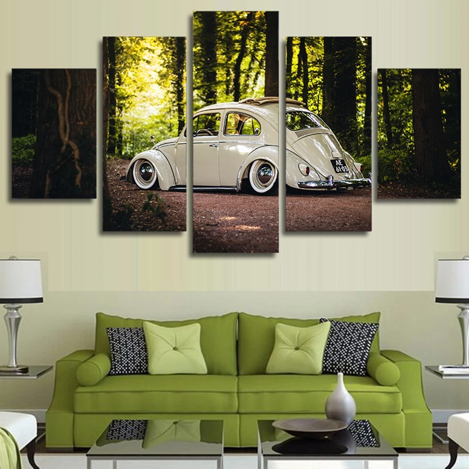 

Wall Art Modular Canvas Living Room Home Decor Poster Frame 5 Pieces Volkswagen Beetle Car Painting HD Prints Forest Pictures