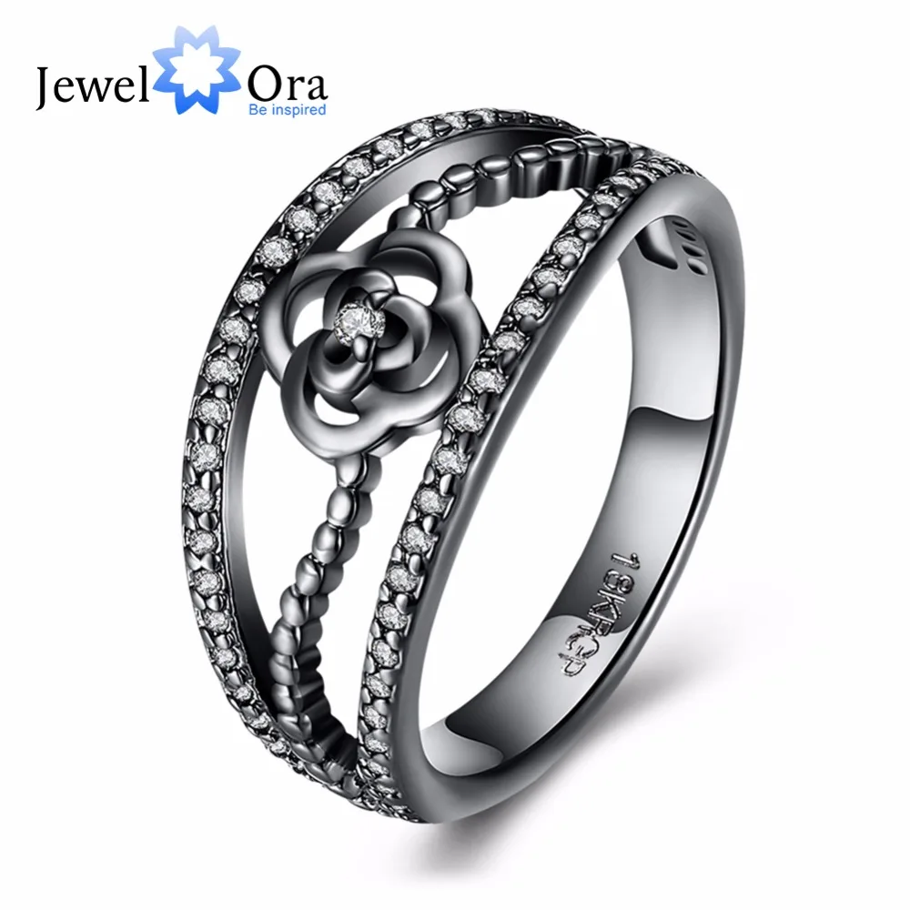 Rose Design With Cubic Zirconia Party Accessorise Black Gun Color Rings For Women Fashion Jewelry (JewelOra RI103323)