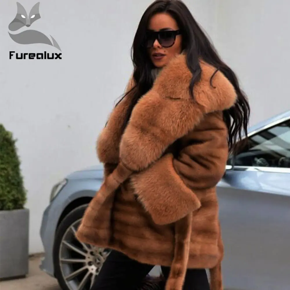 Furealux шуба из натурального меха норки с воротником из лисьего меха для женщин пальто и куртки с поясом теплая зимняя верхняя одежда