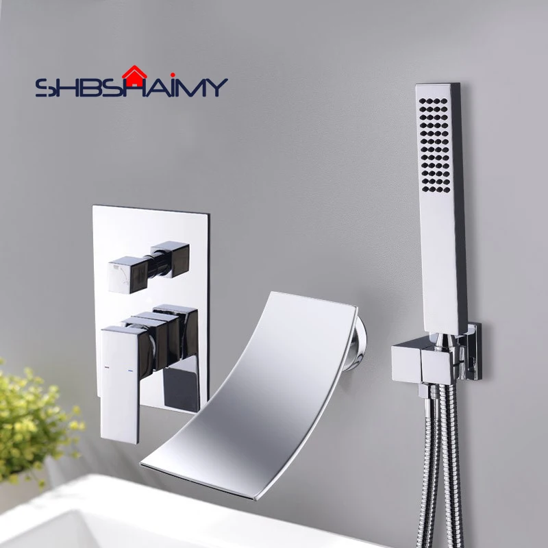 

Chrome Polished Wall Mounted Basin Sink Faucet withe Shower Head Single Handle Two Holes Hot and Cold Mixer Faucet