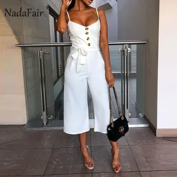 

Nadafair Boho Wide Leg Pant Jumpsuit Spaghetti Strap Summer Rompers Women Jumpsuit Lace Up V Neck One Piece Jumpsuit Female
