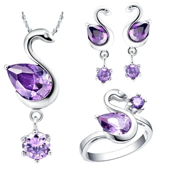 

925 Sterling Silver Jewelry Set For Women ,925-sterling-silver Swan Purple Red Necklace+Earring+ring Jewelry Set Women Gift