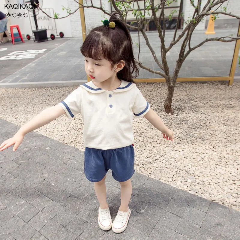 

Baby Clothing Set Sailor style Suit Cotton Kids Short Sleeve Pants Cravat Infant Boy Clothes 2-8Y Suit girl school uniform 2psc